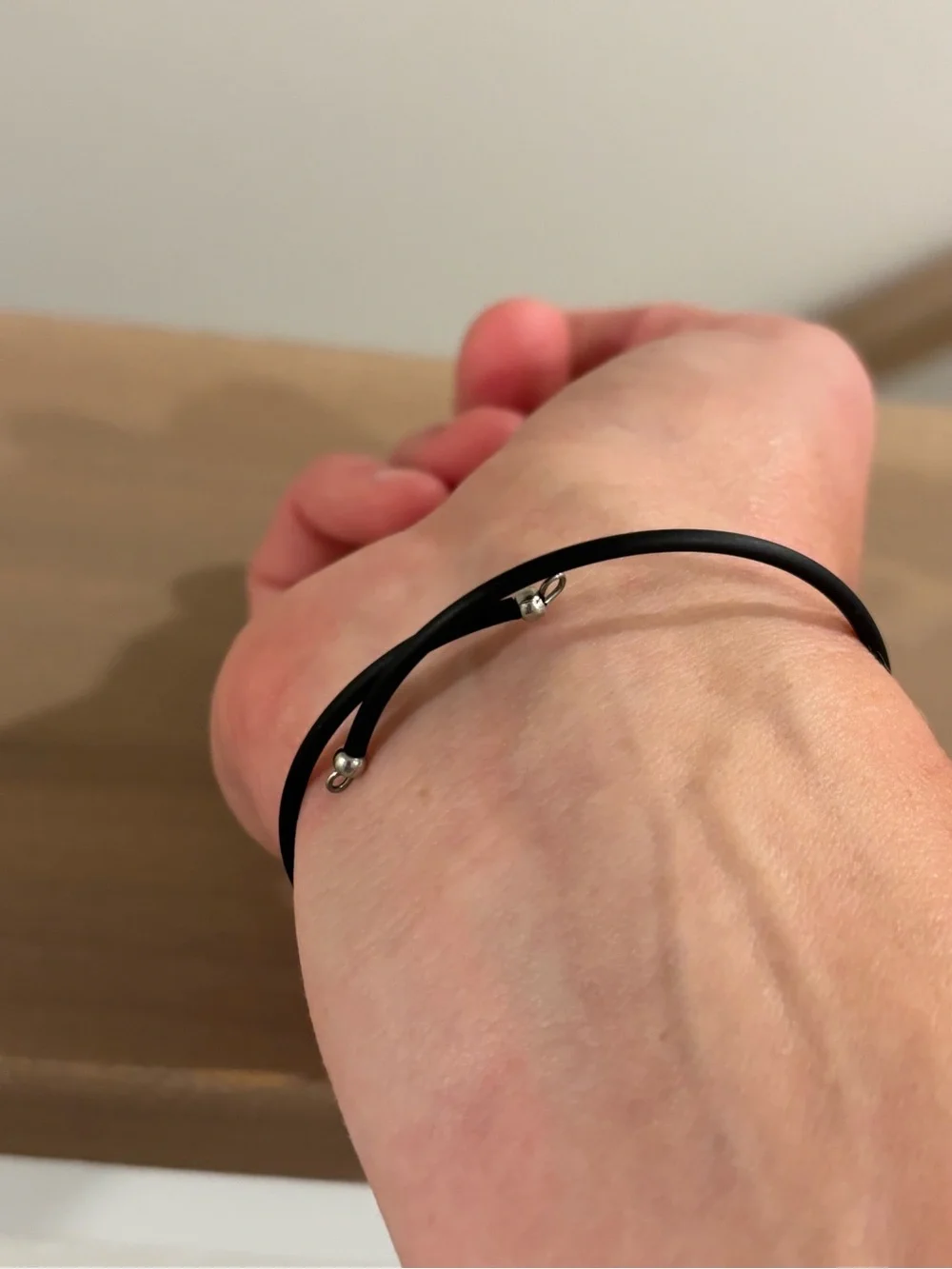 Unisex  Black Double-Wrap Rubber Bracelet with Silver Accents